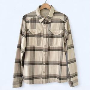 Mountain Hardwear tan and grey gray cabin plaid flannel long sleeve shirt